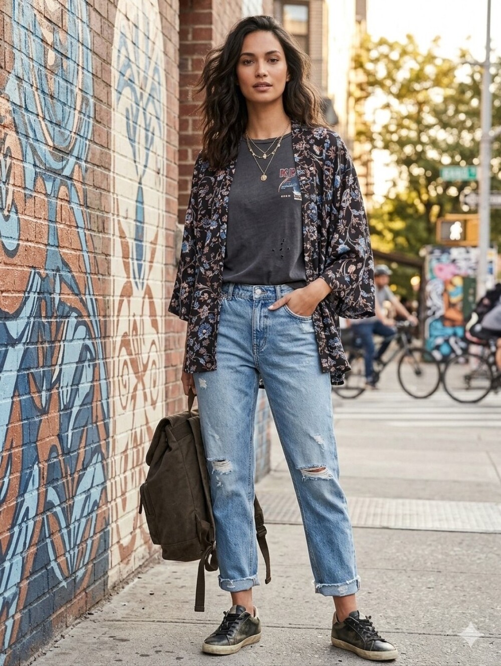 Sim & Sam Floral Blouse in Black, Blue, Orange